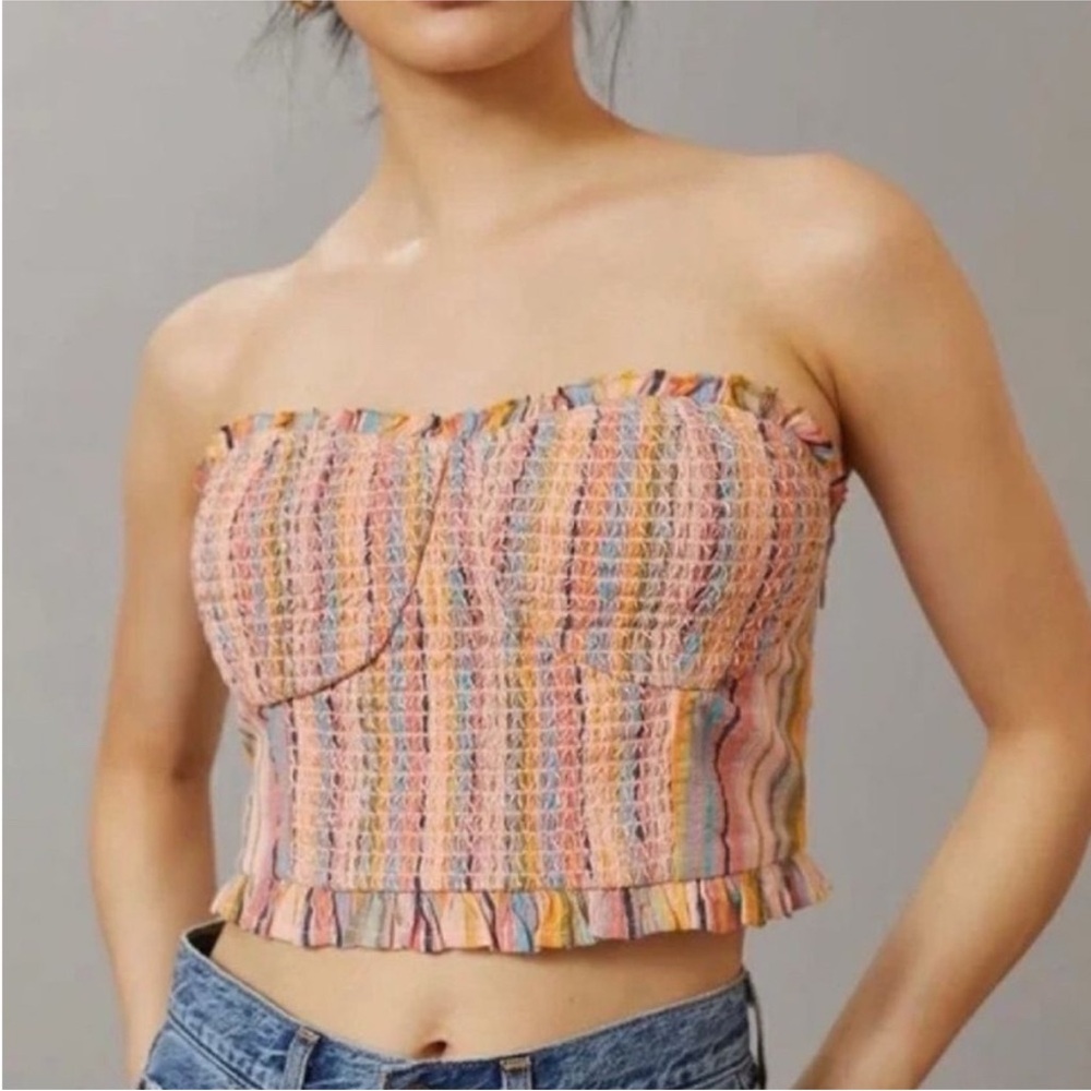 Anthropologie Pilcro Crop Tube Top New Small Strapless Smocked Rainbow NWT